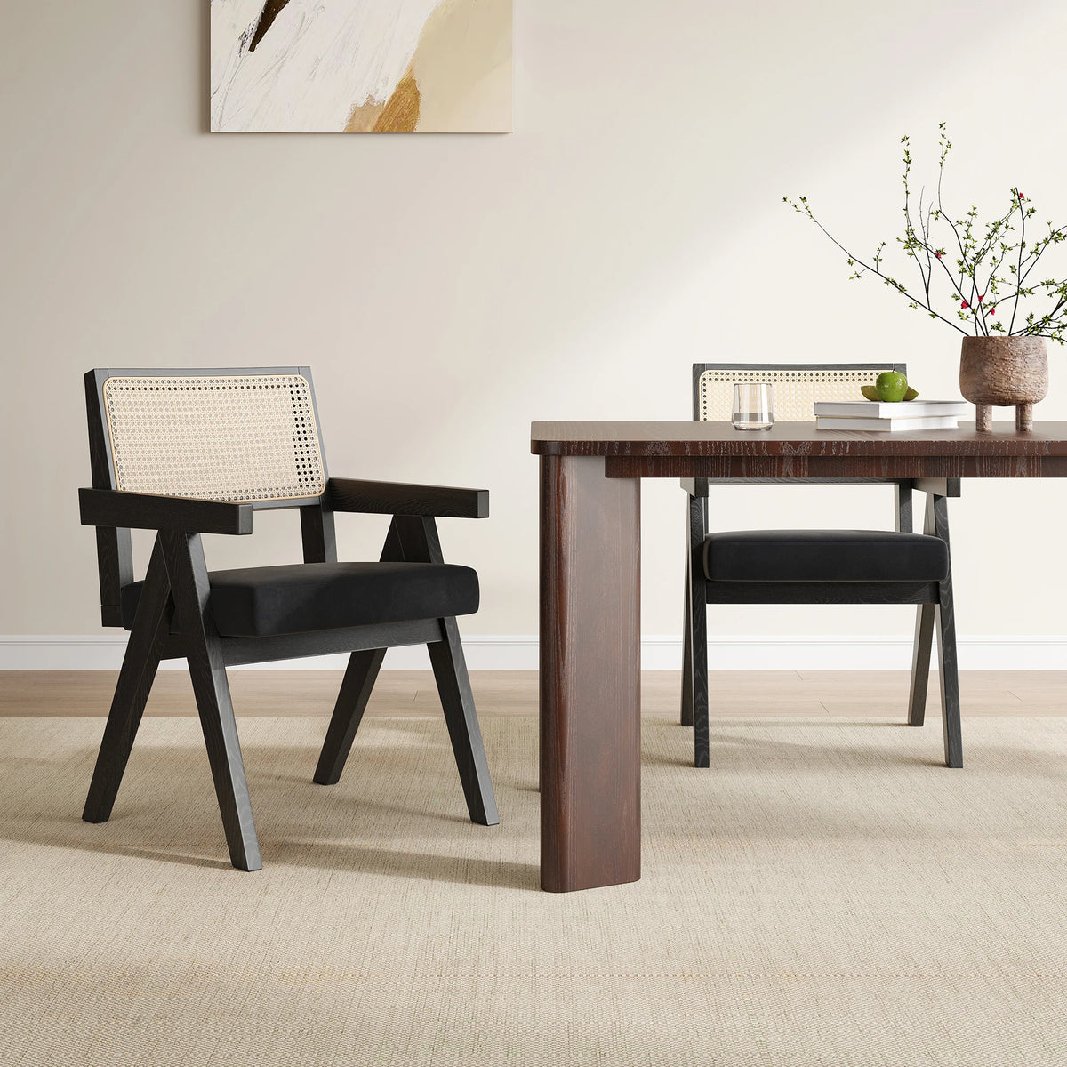Set of 2 Mid-Century Rattan Dining Chair, Solid Ash Wood Frame, Woven Rattan Back, High-Resilience Foam, Non-Slip Pads