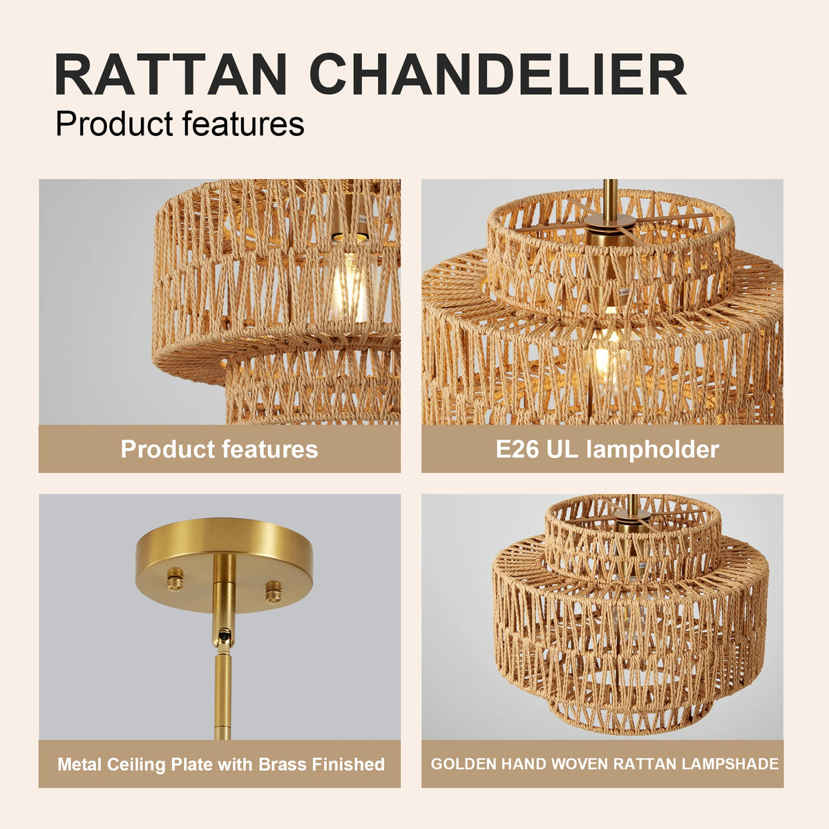 ARLGSITE 13'' Pendant 1 Light Boho Rattan Hand Woven Chandelier for Living Room Fixture