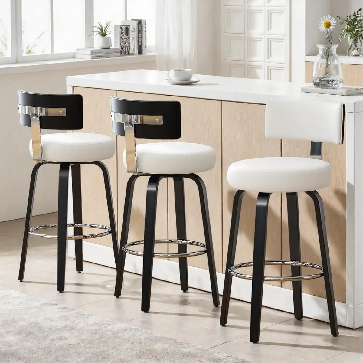 Swivel Counter Stools Set 3 Faux Leather Kitchen Barstool with Back Walnut Wood Legs 26" Seat White, Custom