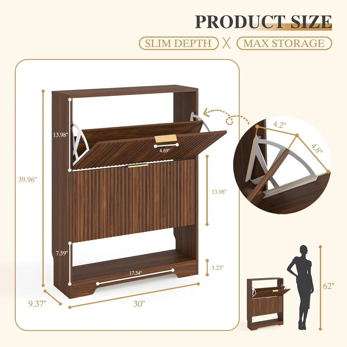 Shoe Storage Cabinet with 2 Flip Drawers,Slim Fluted Shoe Rack Cabinet with Open Storage,Wooden Hidden Shoe Rack Freestanding Narrow Shoes Organizer for Hallway, Entrance,Foyer