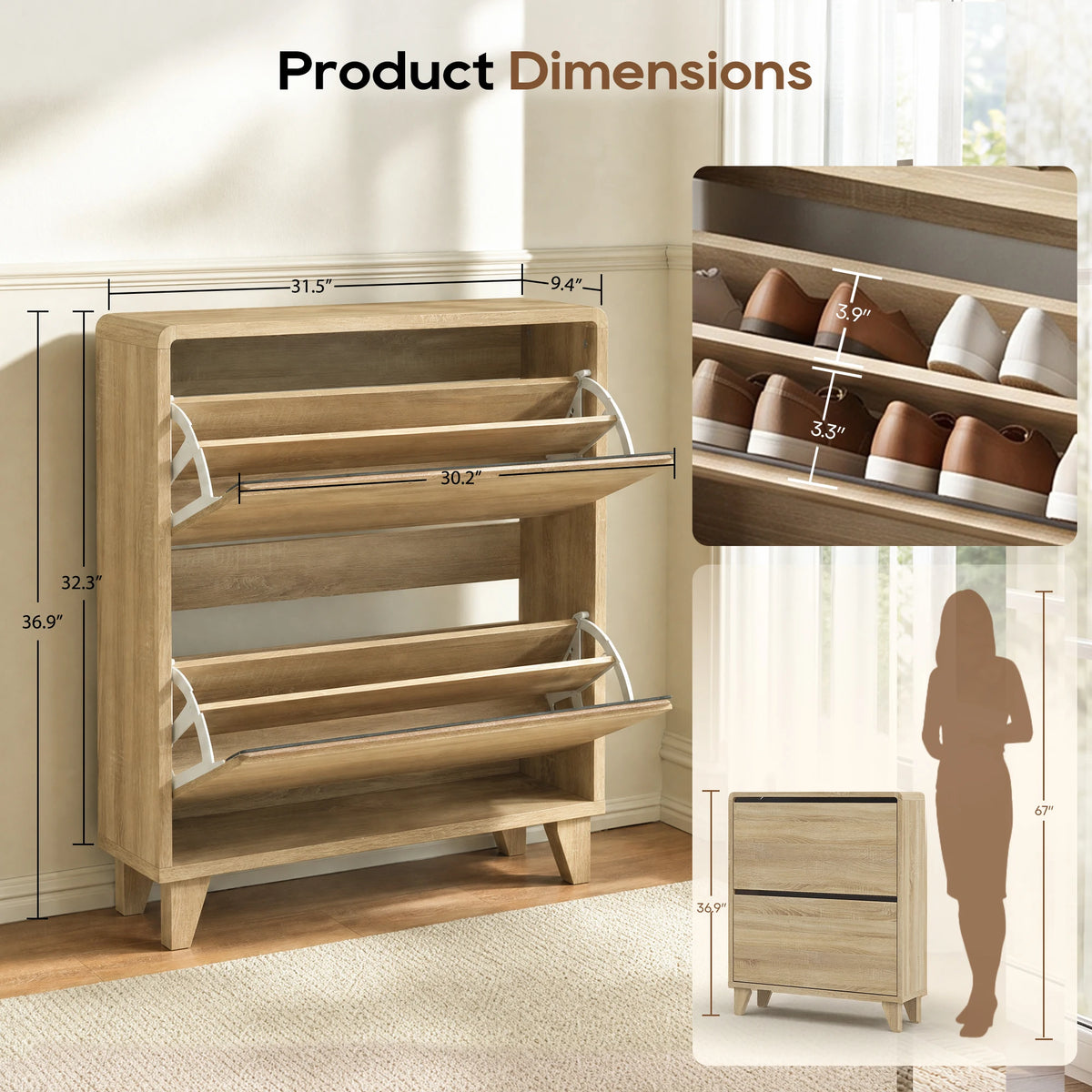 TCGBKAF Slim Narrow Shoe Cabinet with 2 Flip Drawers, Freestanding Shoe Storage Organizer, Adjustable Removable Shelves, Top Display Shelf, Entryway Hallway Shoe Rack