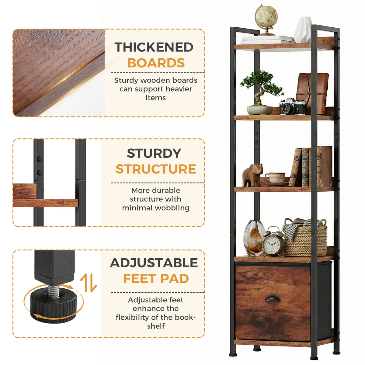 MCQ 5 Tiers Metal Classic Bookshelf with Fabric Drawer Freestanding Tall Display Shelf Storage Shelves Bookshelf Sturdy Structure Graduated Shelves for Home