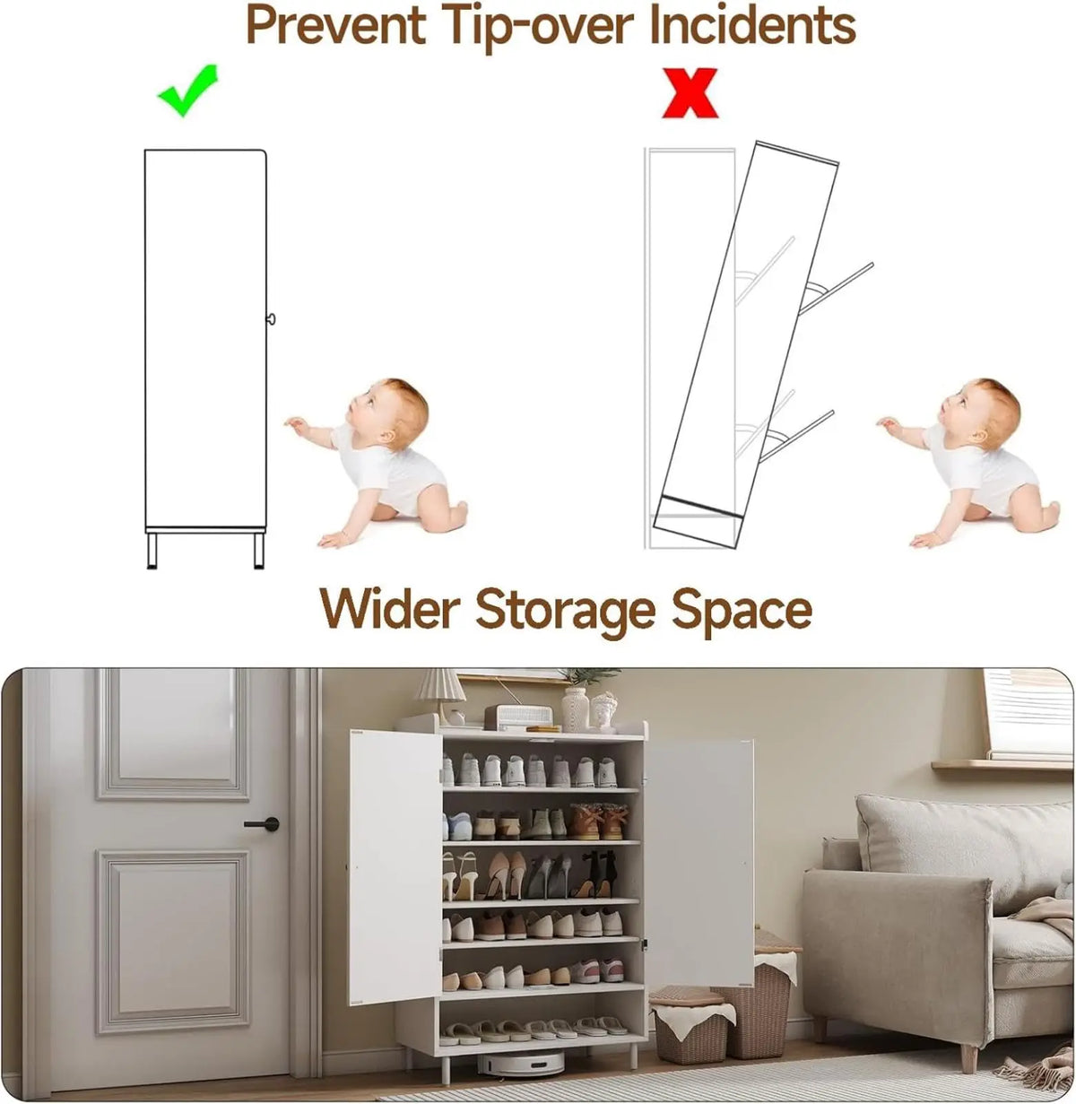 6 Tier Shoe Storage Cabinet, 45 Inch Tall Shoe Rack Organizer with Cross Molding Doors & 3 Adjustable Shelves, Sturdy Metal Legs, Entryway Shoe Cabinet