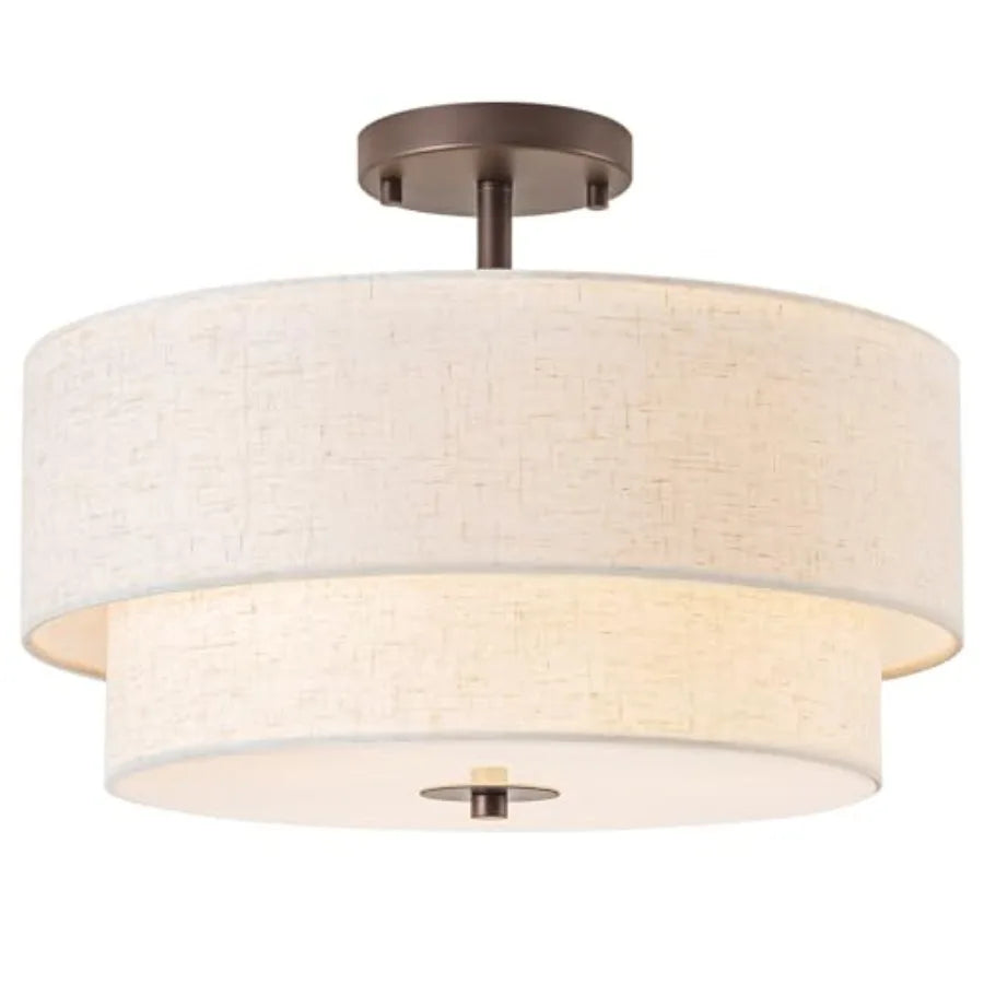 16" Semi Flush Mount Ceiling Light, 3-Light Drum Ceiling Light Fixture, Oil Rubbed with Double Linen Fabric Shade, Modern Light