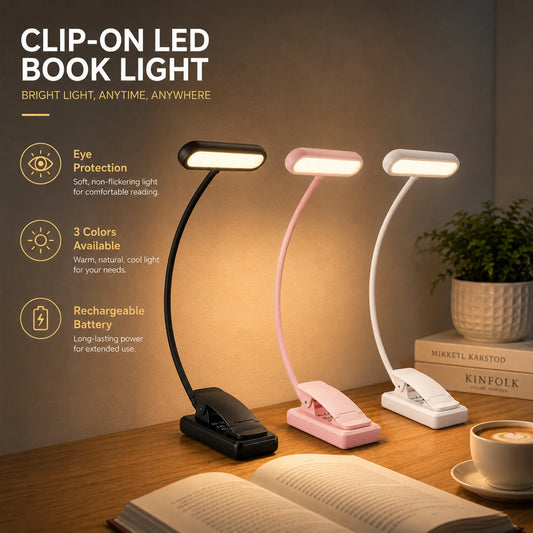 2PCS LED USB Rechargeable Book Light 3 Color Modes Warm Cool White Daylight Portable Adjustable Flexible Gooseneck Sturdy Clip On Reading Lamp Bedside Night Light Cordless Desk Lamp Soft Light for Bedroom Study Office Travel