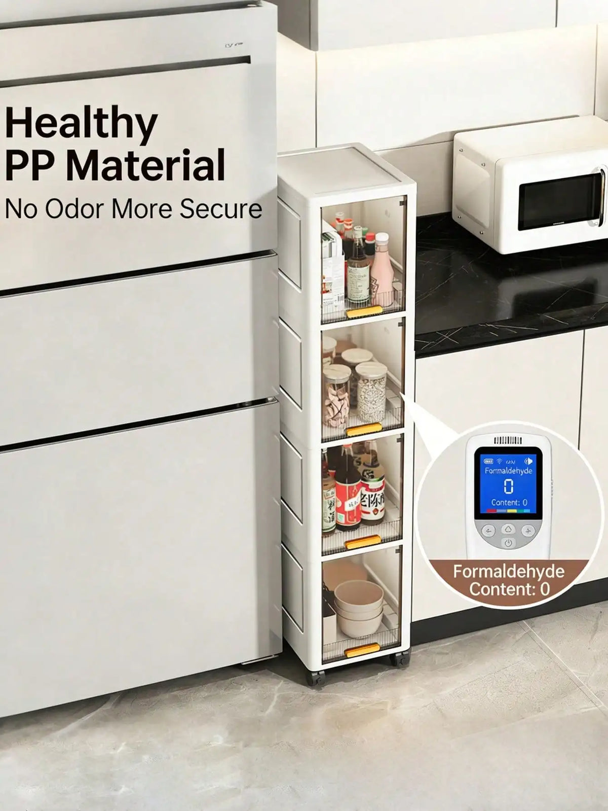 Ultra-Thin Slim Bathroom Storage Cabinet on Wheels, 3/4/5 Tier Narrow Floor Cabinet with Lockable Casters & Adjustable Shelf, Space Saving Organizer for Small Spaces Bathroom Kitchen White