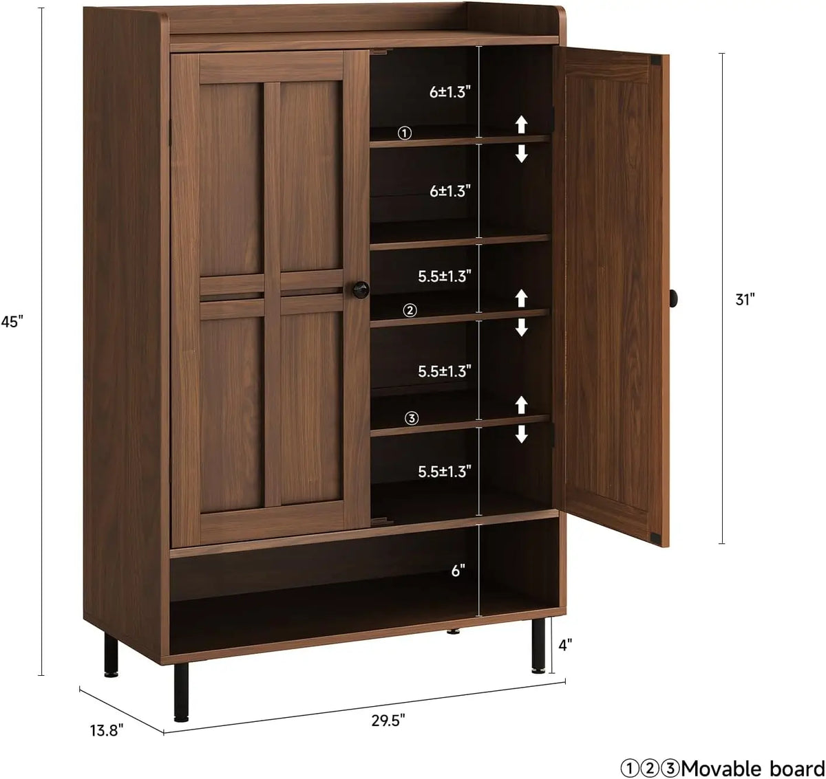 6 Tier Shoe Storage Cabinet, 45 Inch Tall Shoe Rack Organizer with Cross Molding Doors & 3 Adjustable Shelves, Sturdy Metal Legs, Entryway Shoe Cabinet