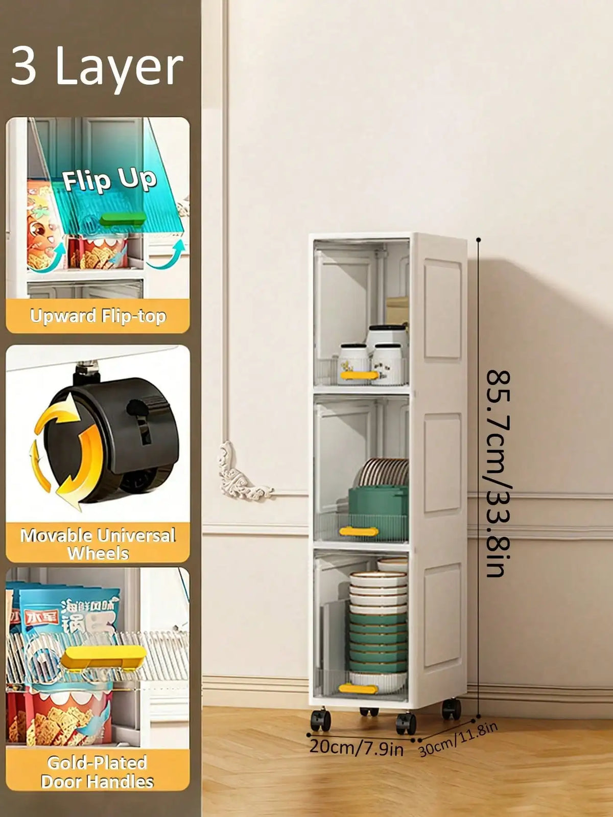Ultra-Thin Slim Bathroom Storage Cabinet on Wheels, 3/4/5 Tier Narrow Floor Cabinet with Lockable Casters & Adjustable Shelf, Space Saving Organizer for Small Spaces Bathroom Kitchen White