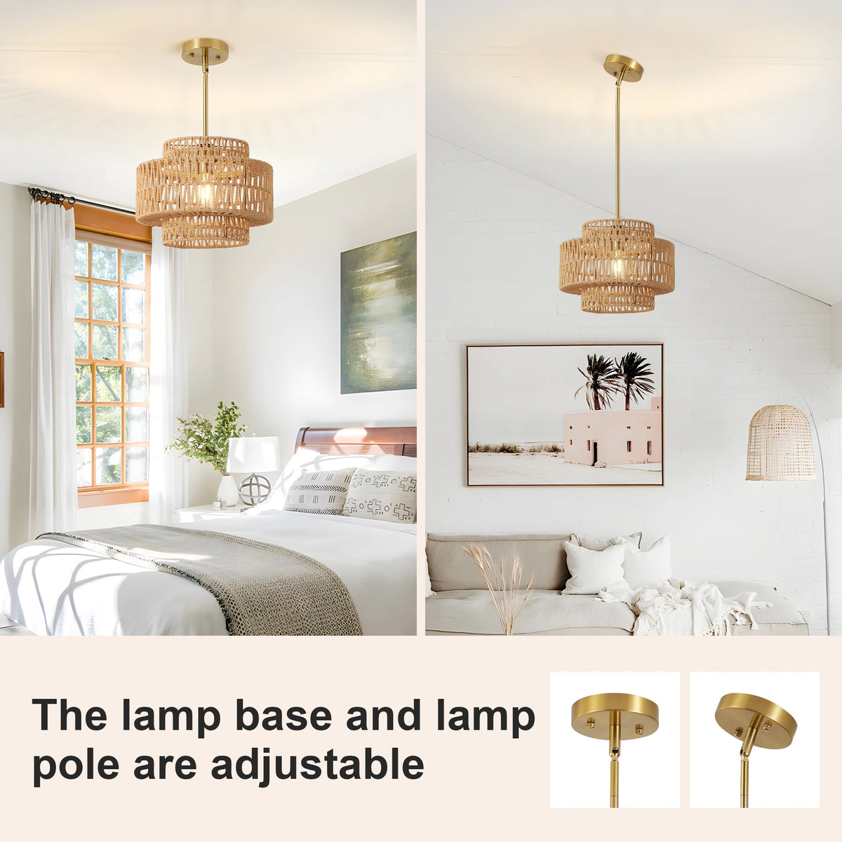 ARLGSITE 13'' Pendant 1 Light Boho Rattan Hand Woven Chandelier for Living Room Fixture
