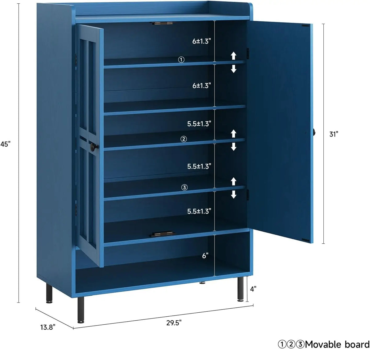 6 Tier Shoe Storage Cabinet, 45 Inch Tall Shoe Rack Organizer with Cross Molding Doors & 3 Adjustable Shelves, Sturdy Metal Legs, Entryway Shoe Cabinet