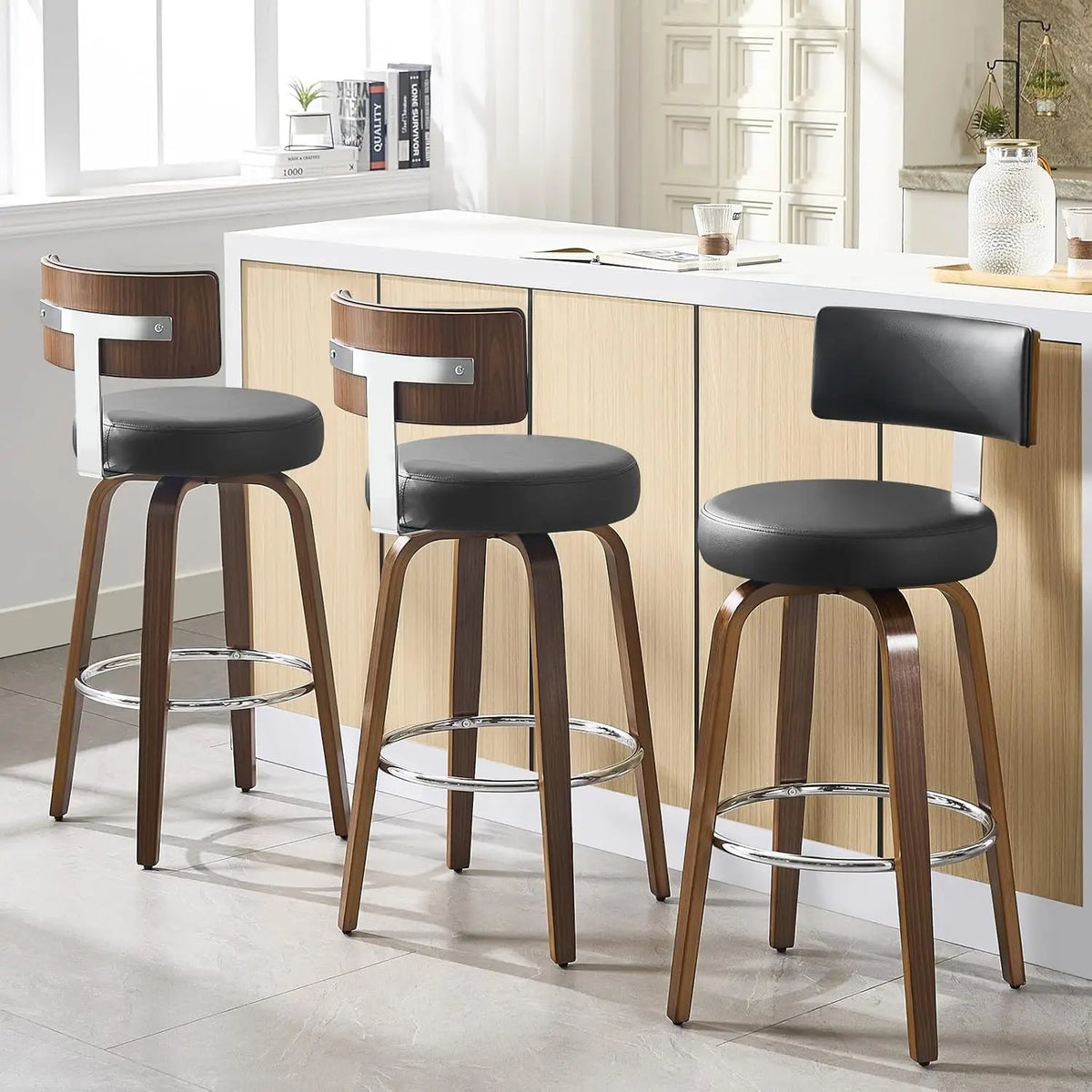 Swivel Counter Stools Set 3 Faux Leather Kitchen Barstool with Back Walnut Wood Legs 26" Seat White, Custom