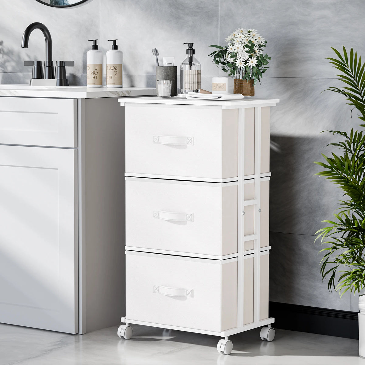 JHK 3 Drawers Dresser Storage Cabinet with Wheels Rolling Fabric Dresser Tower Storage Cabinet Organizer with Steel Frame for Closet Bedroom Entryway