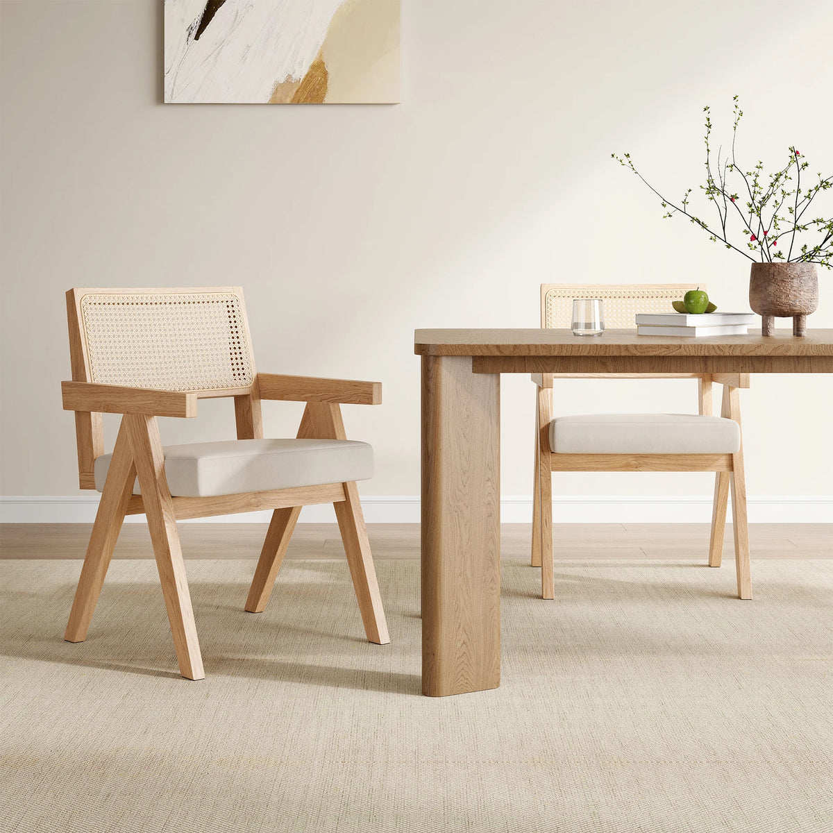 Set of 2 Mid-Century Rattan Dining Chair, Solid Ash Wood Frame, Woven Rattan Back, High-Resilience Foam, Non-Slip Pads