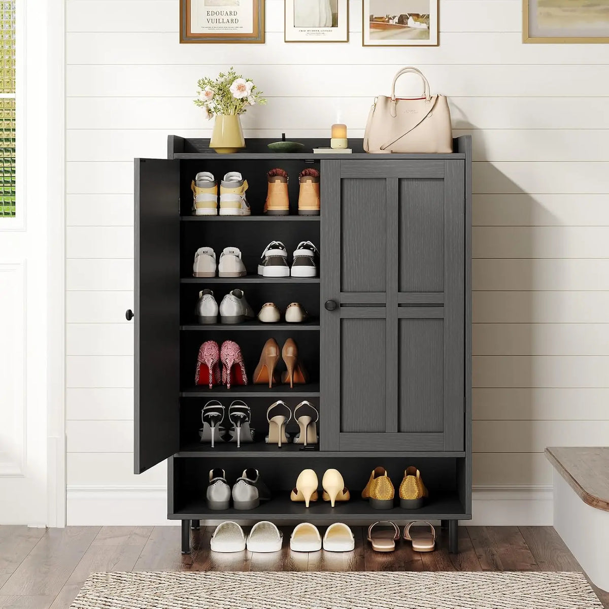 6 Tier Shoe Storage Cabinet, 45 Inch Tall Shoe Rack Organizer with Cross Molding Doors & 3 Adjustable Shelves, Sturdy Metal Legs, Entryway Shoe Cabinet