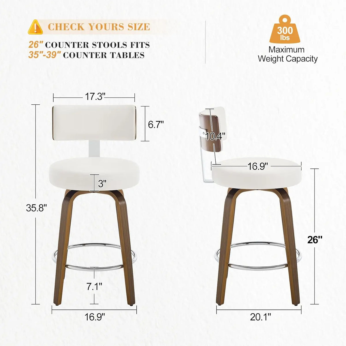 Swivel Counter Stools Set 3 Faux Leather Kitchen Barstool with Back Walnut Wood Legs 26" Seat White, Custom