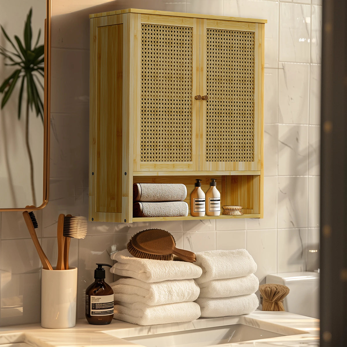 Wooden Storage Cupboard Wall Mounted Medicine Cabinet Unit Kitchen Shelf with Wooden Storage Cupboard with 2 Rattan Doors