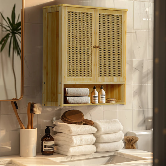 Wooden Storage Cupboard Wall Mounted Medicine Cabinet Unit Kitchen Shelf with Wooden Storage Cupboard with 2 Rattan Doors