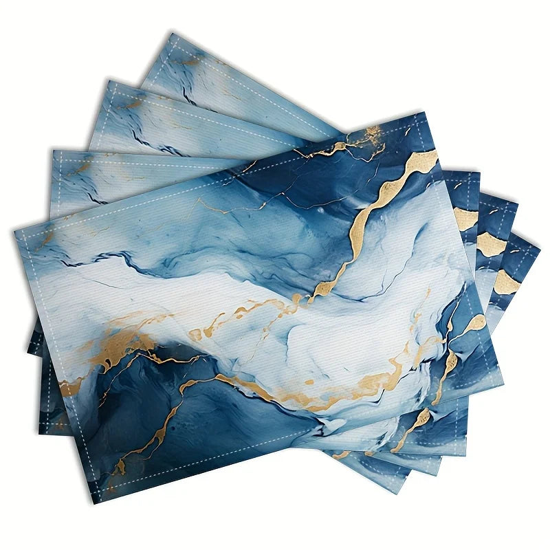 4pcs Marble Texture Themed Table Mats, Light Blue White Gilt Pattern Table Pad, Washable Party Dining Table Mat