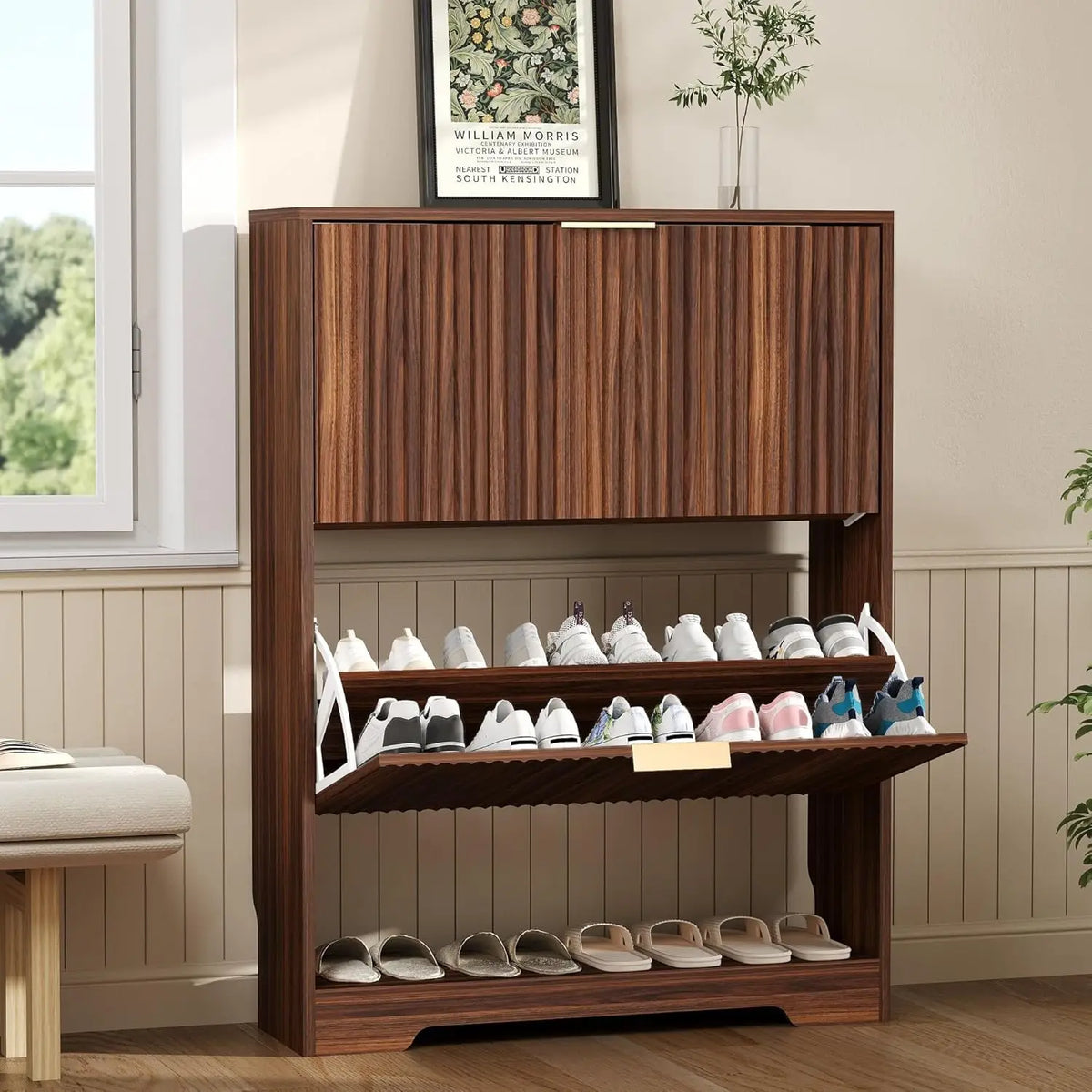 Shoe Storage Cabinet with 2 Flip Drawers,Slim Fluted Shoe Rack Cabinet with Open Storage,Wooden Hidden Shoe Rack Freestanding Narrow Shoes Organizer for Hallway, Entrance,Foyer