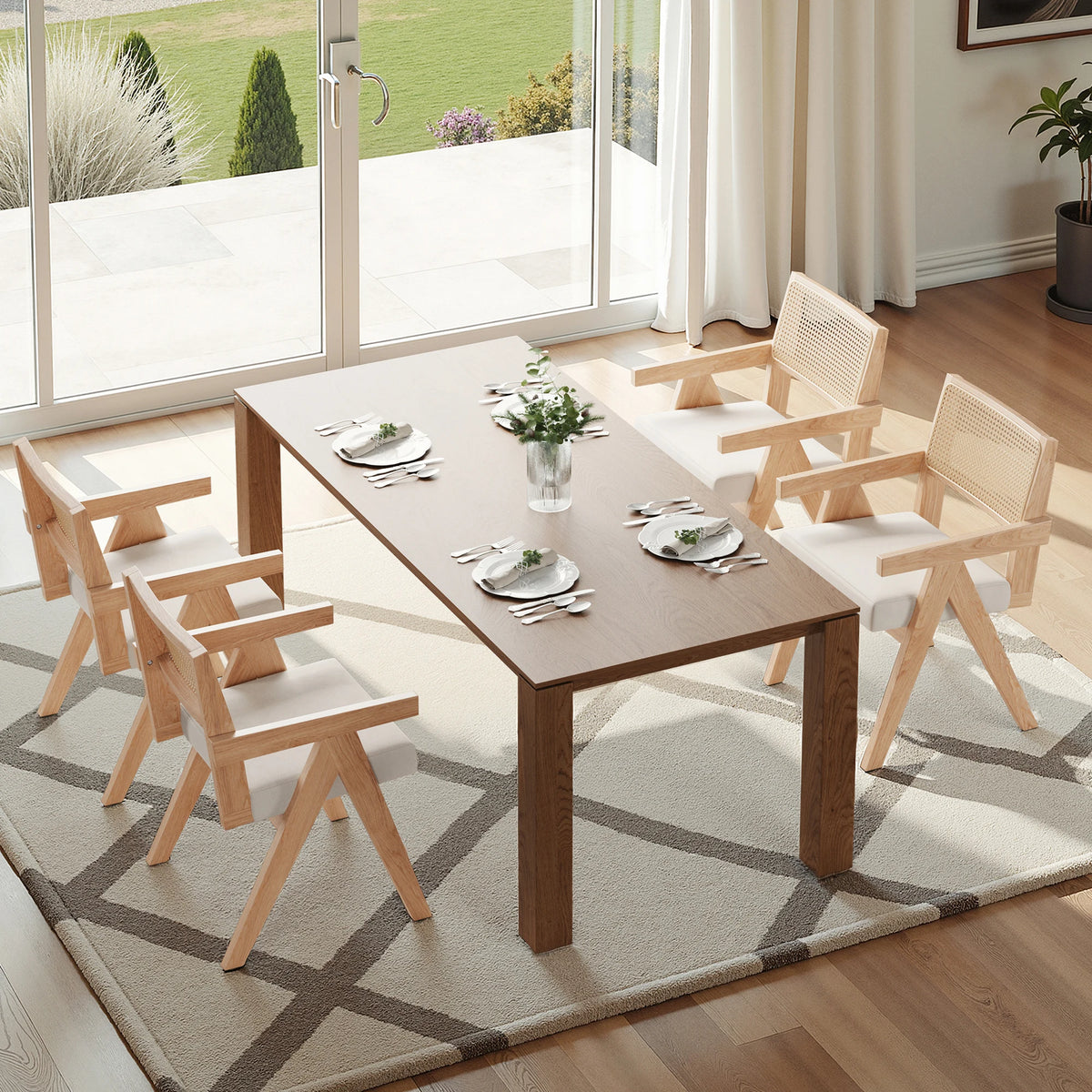 Set of 2 Mid-Century Rattan Dining Chair, Solid Ash Wood Frame, Woven Rattan Back, High-Resilience Foam, Non-Slip Pads