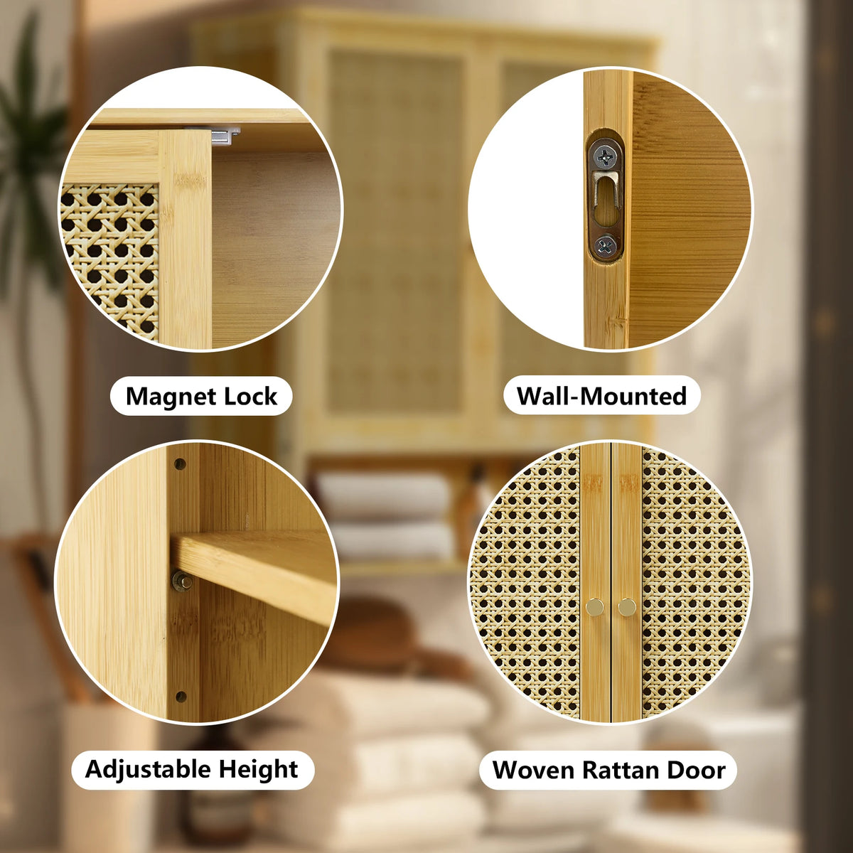 Wooden Storage Cupboard Wall Mounted Medicine Cabinet Unit Kitchen Shelf with Wooden Storage Cupboard with 2 Rattan Doors