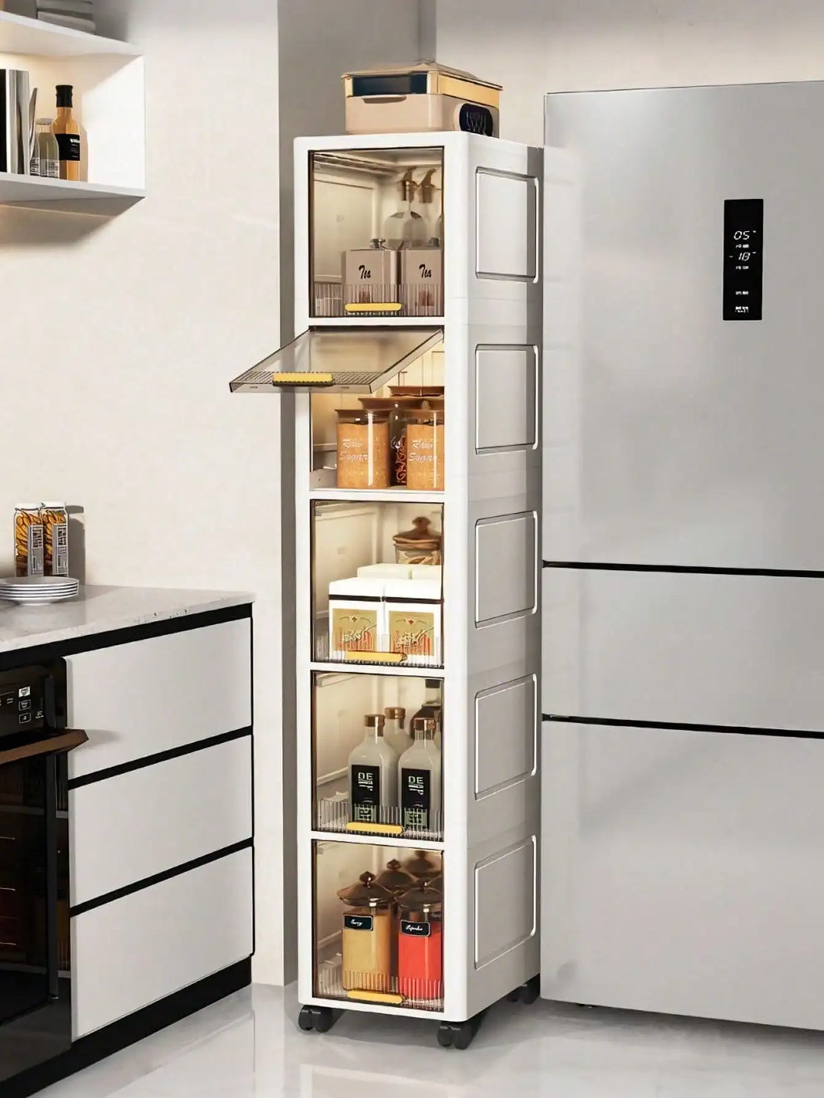 Ultra-Thin Slim Bathroom Storage Cabinet on Wheels, 3/4/5 Tier Narrow Floor Cabinet with Lockable Casters & Adjustable Shelf, Space Saving Organizer for Small Spaces Bathroom Kitchen White