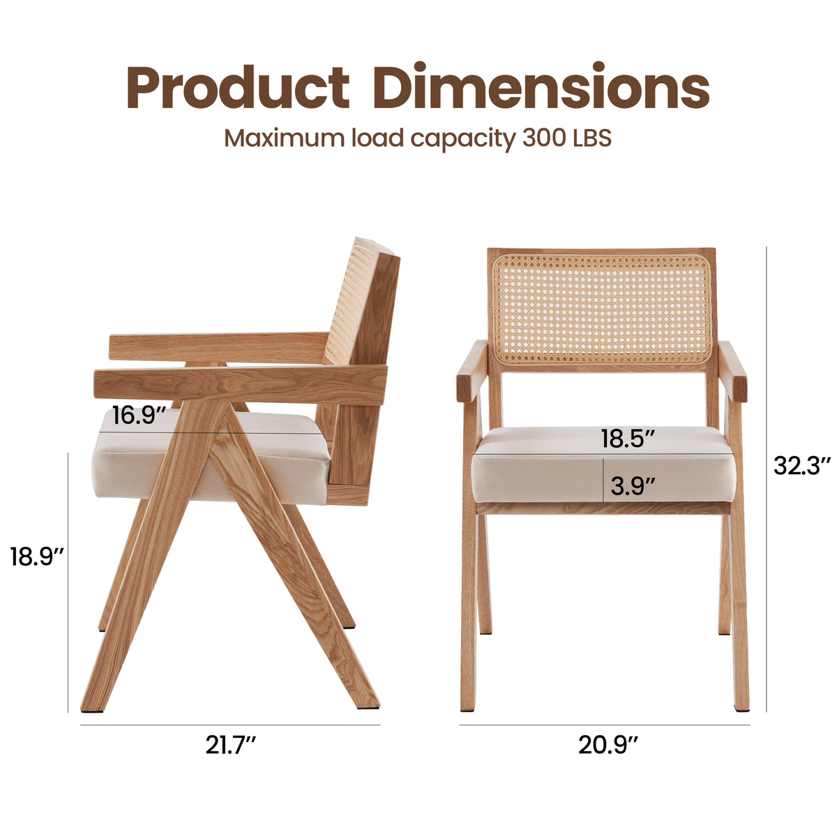 Set of 2 Mid-Century Rattan Dining Chair, Solid Ash Wood Frame, Woven Rattan Back, High-Resilience Foam, Non-Slip Pads