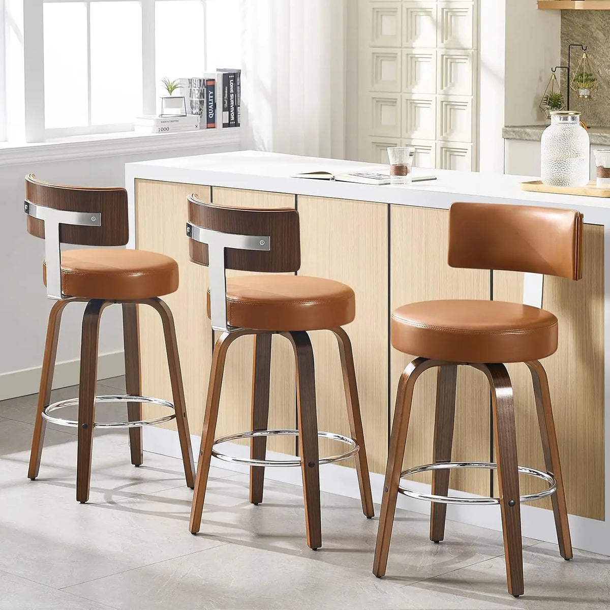 Swivel Counter Stools Set 3 Faux Leather Kitchen Barstool with Back Walnut Wood Legs 26" Seat White, Custom
