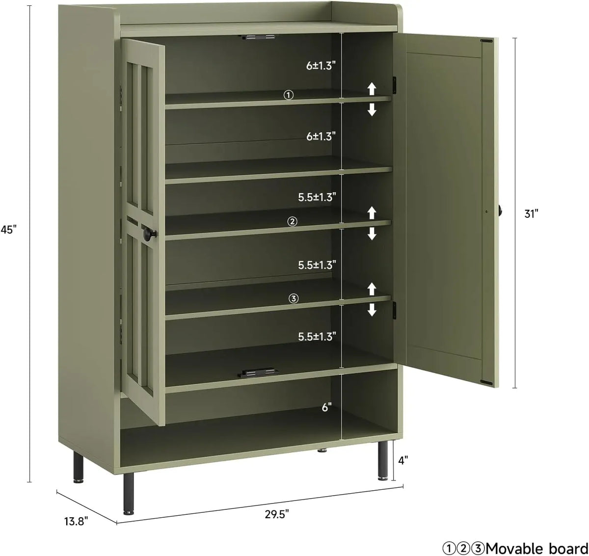 6 Tier Shoe Storage Cabinet, 45 Inch Tall Shoe Rack Organizer with Cross Molding Doors & 3 Adjustable Shelves, Sturdy Metal Legs, Entryway Shoe Cabinet