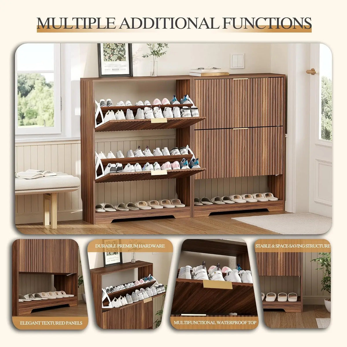 Shoe Storage Cabinet with 2 Flip Drawers,Slim Fluted Shoe Rack Cabinet with Open Storage,Wooden Hidden Shoe Rack Freestanding Narrow Shoes Organizer for Hallway, Entrance,Foyer