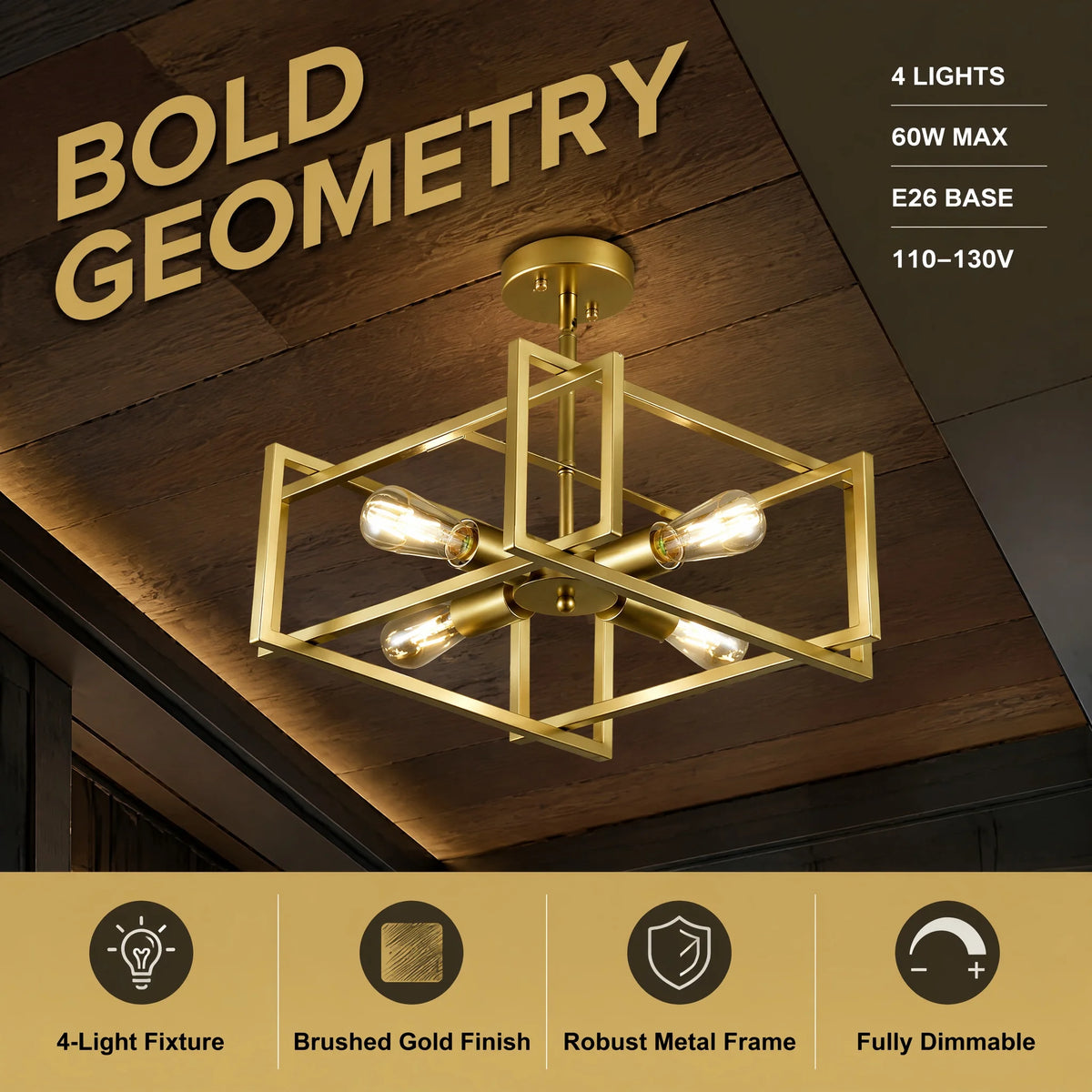 ARLGSITE 18.9‑Inch 4‑Light Sand Gold Ceiling Light, Industrial Geometric Square Ceiling Lamp for Bedroom, Hallway