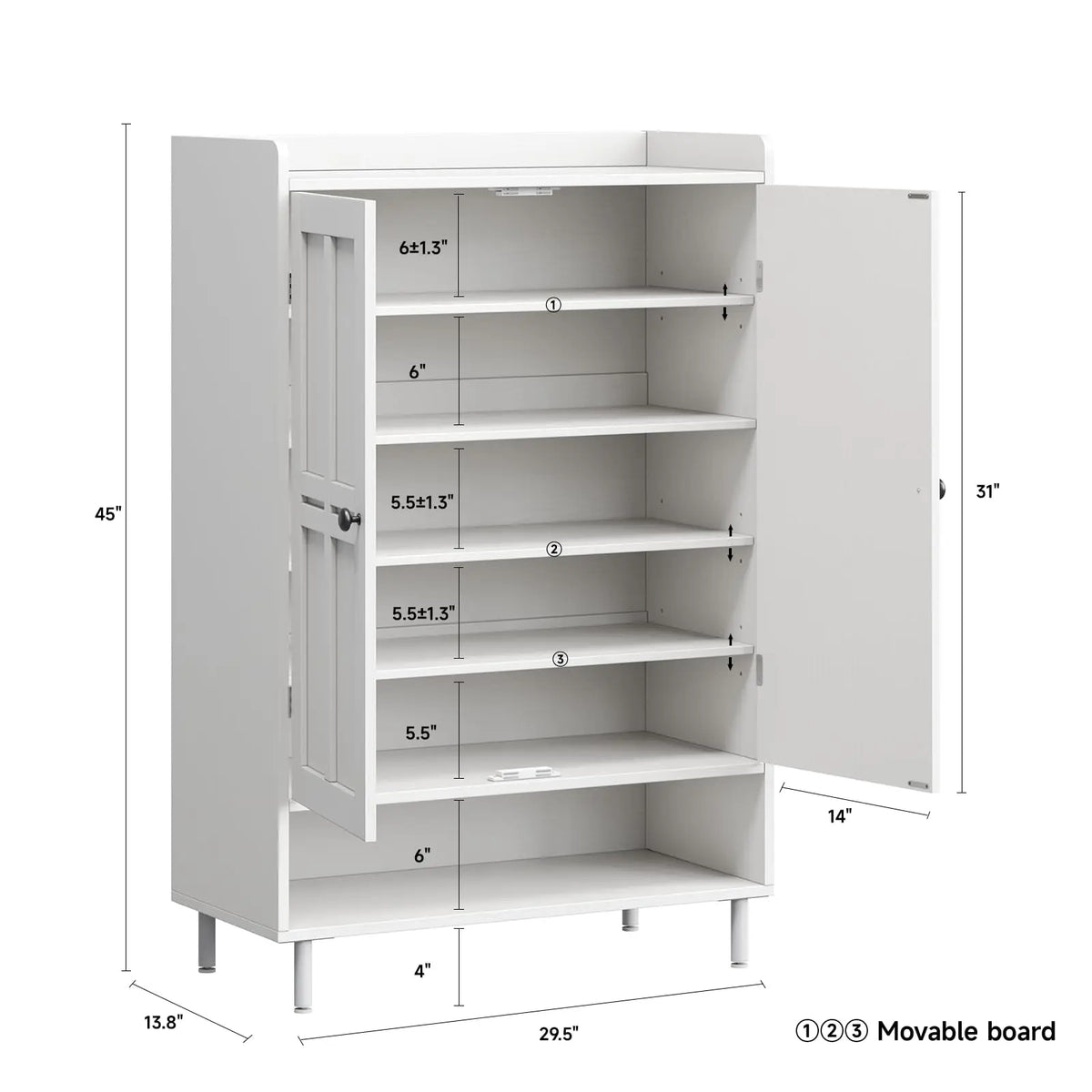6 Tier Shoe Storage Cabinet, 45 Inch Tall Shoe Rack Organizer with Cross Molding Doors & 3 Adjustable Shelves, Sturdy Metal Legs, Entryway Shoe Cabinet