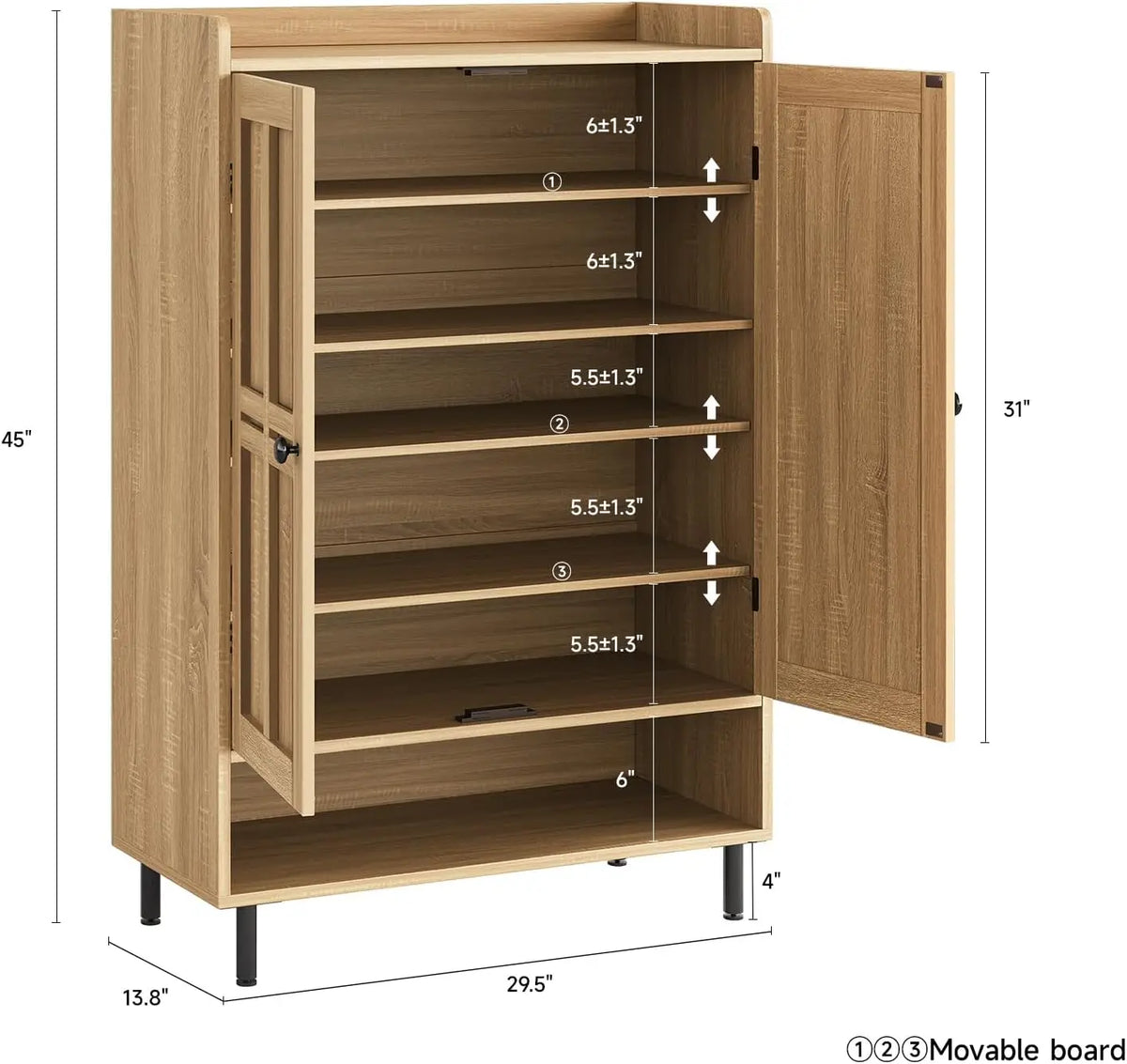 6 Tier Shoe Storage Cabinet, 45 Inch Tall Shoe Rack Organizer with Cross Molding Doors & 3 Adjustable Shelves, Sturdy Metal Legs, Entryway Shoe Cabinet