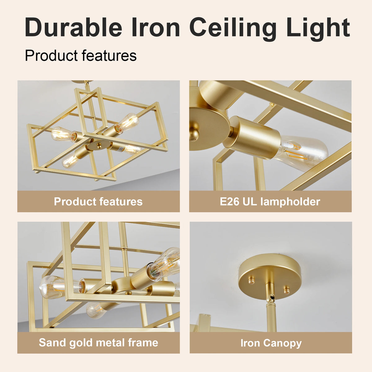 ARLGSITE 18.9‑Inch 4‑Light Sand Gold Ceiling Light, Industrial Geometric Square Ceiling Lamp for Bedroom, Hallway