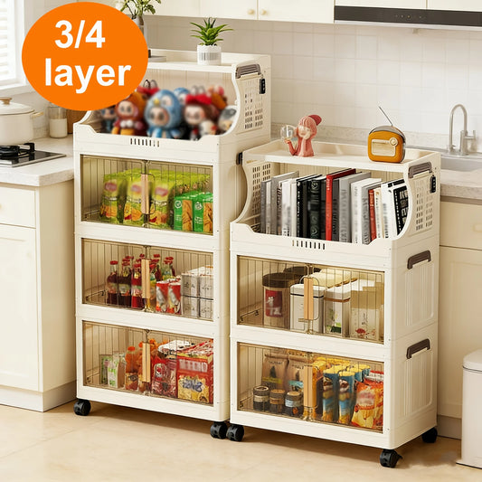 3/4-Tier Storage Cabinet with Wheels, Freestanding Kitchen Pantry Organizer with Flip Top & Transparent Doors, Plastic Rolling Storage Shelf for Snacks, Food and Home Organization