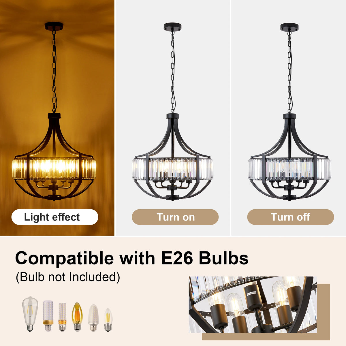 ARLGSITE 20'' Pendant 5 Light LED Crystal Chandelier Black Kitchen Living Room Fixture