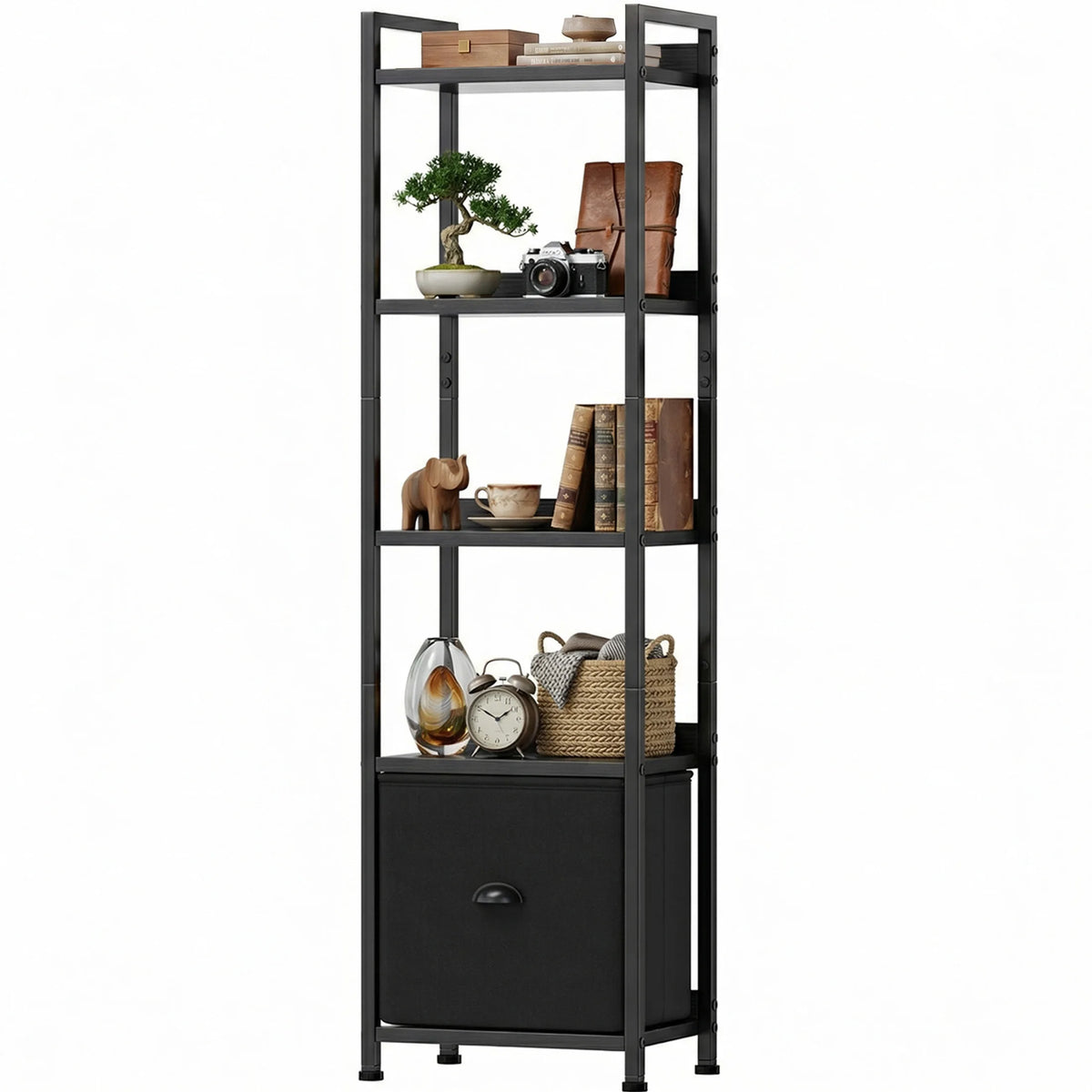 MCQ 5 Tiers Metal Classic Bookshelf with Fabric Drawer Freestanding Tall Display Shelf Storage Shelves Bookshelf Sturdy Structure Graduated Shelves for Home