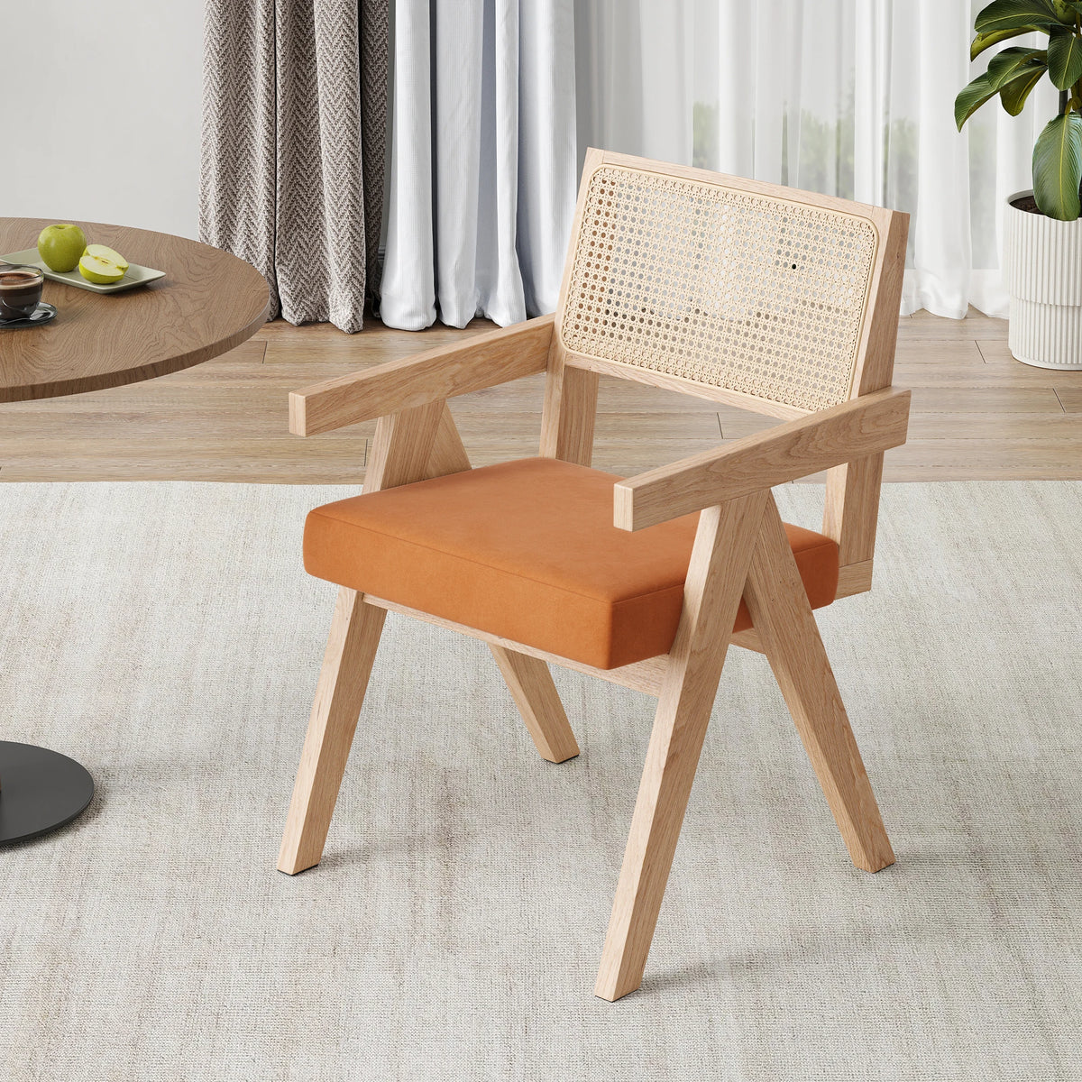 Set of 2 Mid-Century Rattan Dining Chair, Solid Ash Wood Frame, Woven Rattan Back, High-Resilience Foam, Non-Slip Pads