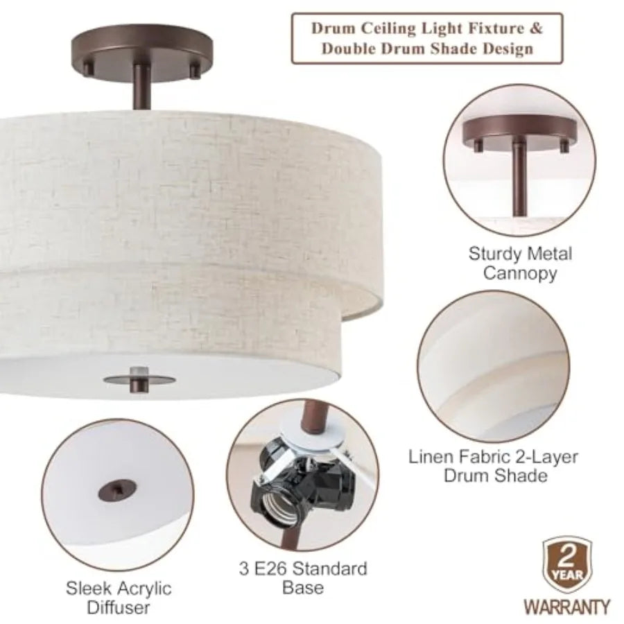 16" Semi Flush Mount Ceiling Light, 3-Light Drum Ceiling Light Fixture, Oil Rubbed with Double Linen Fabric Shade, Modern Light