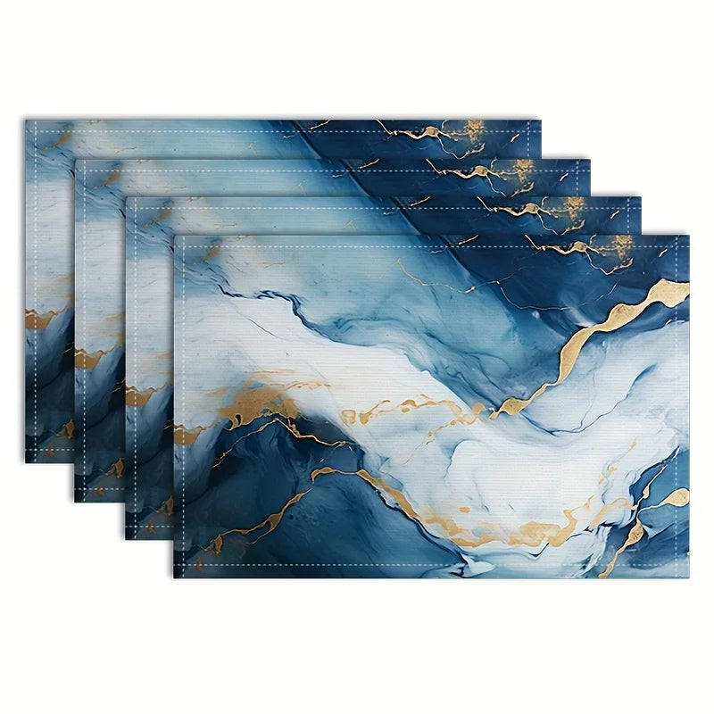 4pcs Marble Texture Themed Table Mats, Light Blue White Gilt Pattern Table Pad, Washable Party Dining Table Mat