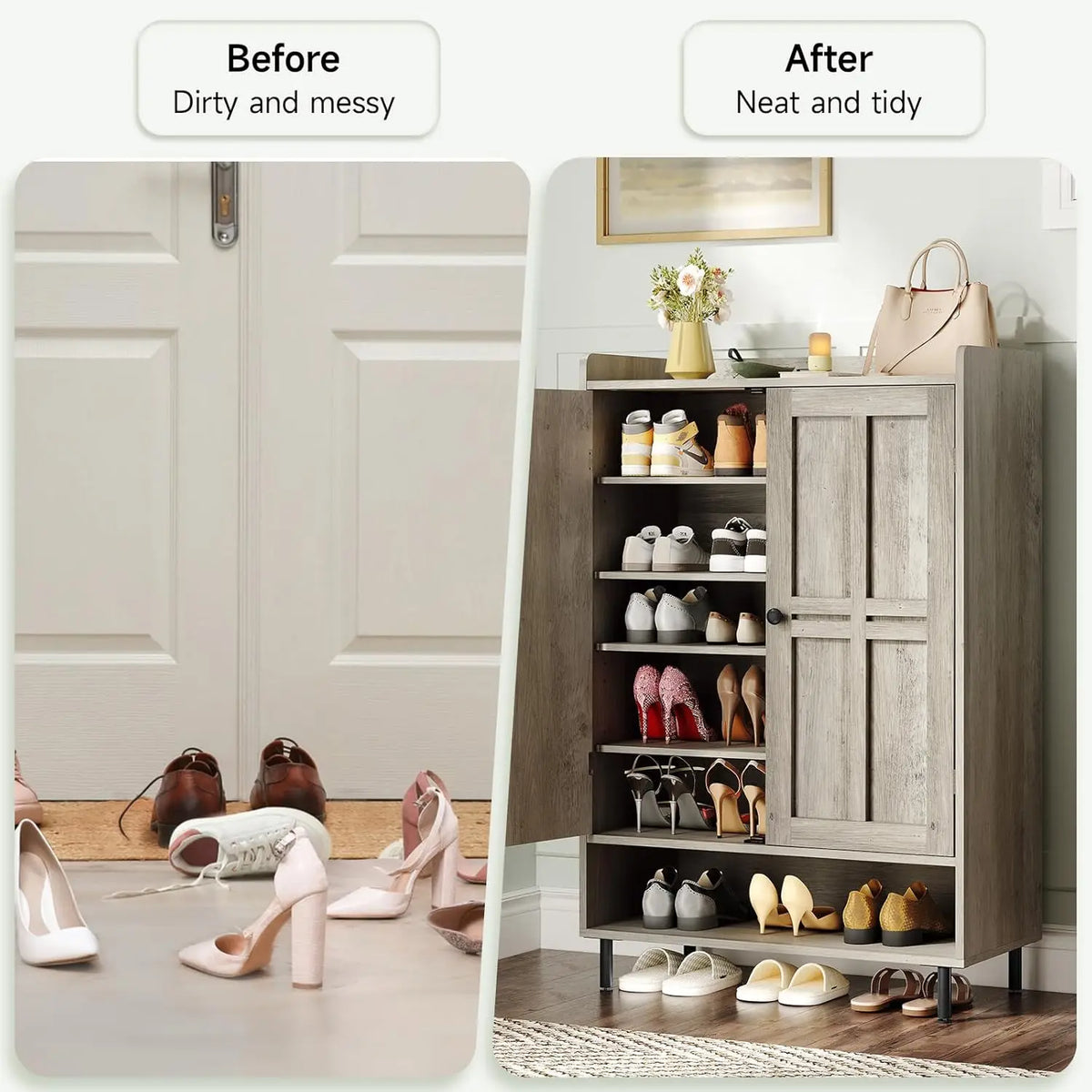 6 Tier Shoe Storage Cabinet, 45 Inch Tall Shoe Rack Organizer with Cross Molding Doors & 3 Adjustable Shelves, Sturdy Metal Legs, Entryway Shoe Cabinet