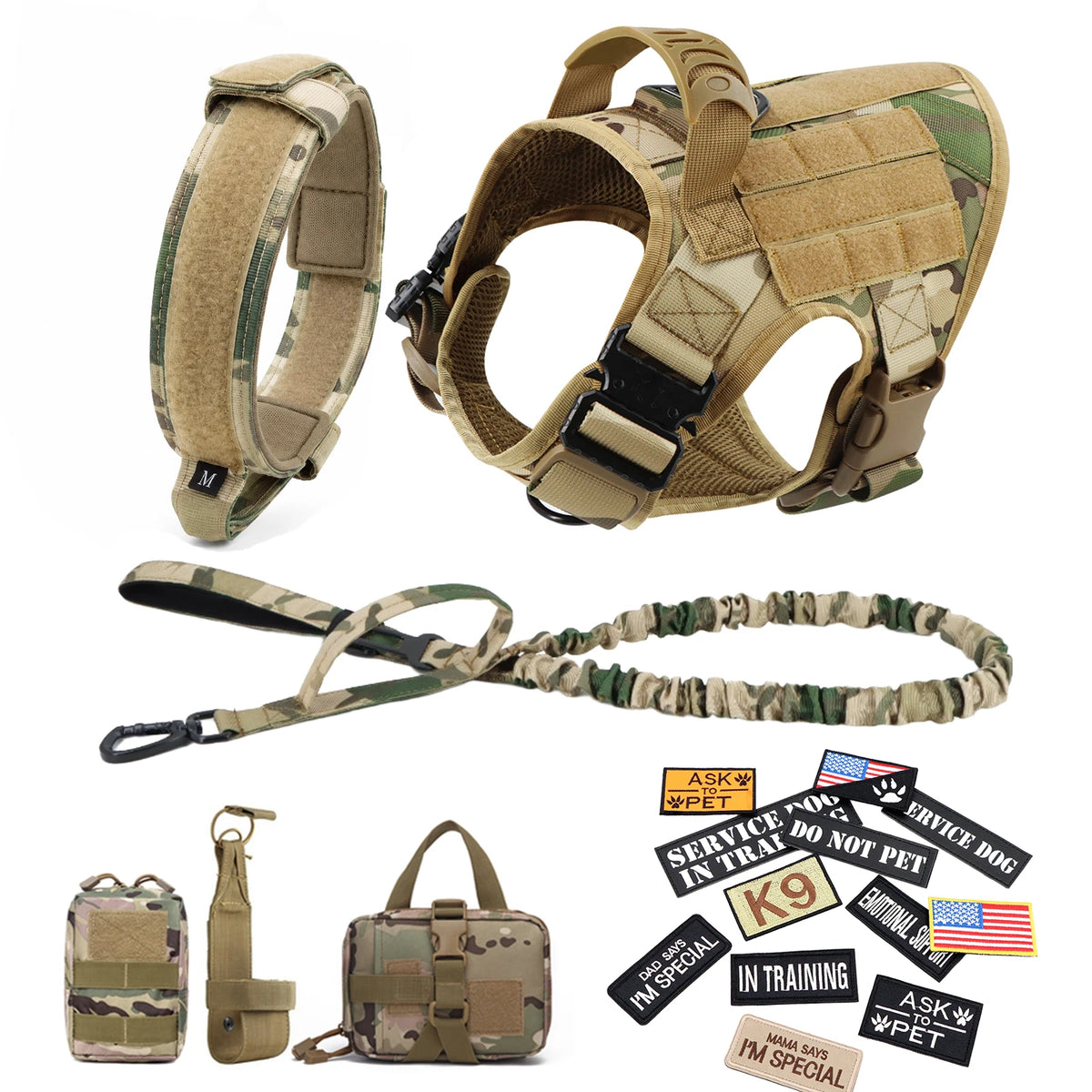 Military Large Dog Harness Collar Leash Bags Patches Set Pet Malinois Training Vests Tactical Dogs Harnesses Accessories