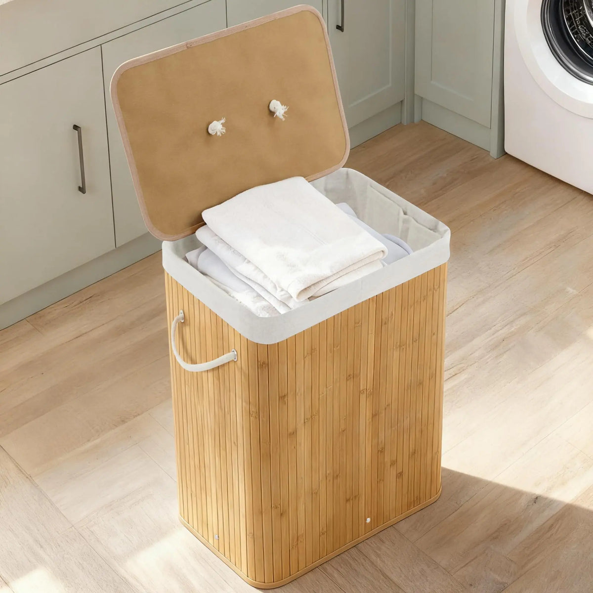 Bamboo Laundry Hamper Large 106L with Removable 4-Section Liner, Foldable Storage Basket with Lid and Handles for Bedroom, Laund