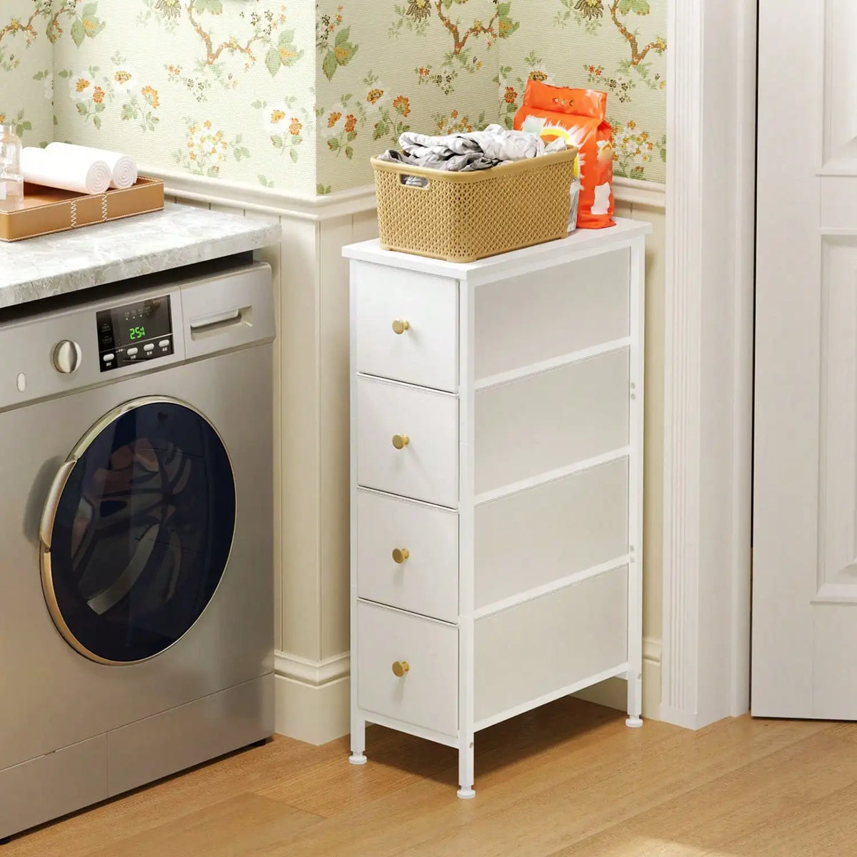 4-Drawer Narrow Bathroom Storage Organizer, Slim Fabric Dresser Cabinet with White/Black, Space-Saving Vanity Unit for Small Bathroom Laundry Room