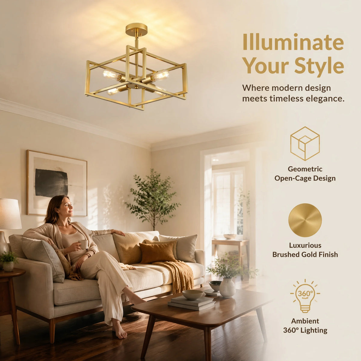 ARLGSITE 18.9‑Inch 4‑Light Sand Gold Ceiling Light, Industrial Geometric Square Ceiling Lamp for Bedroom, Hallway