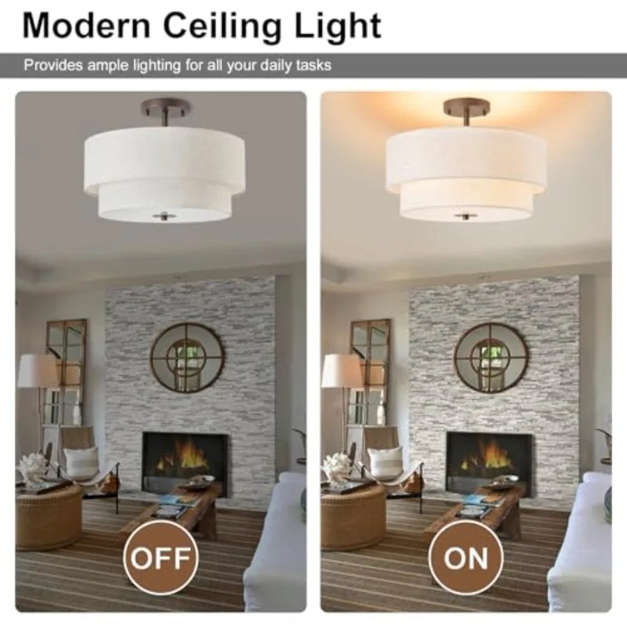 16" Semi Flush Mount Ceiling Light, 3-Light Drum Ceiling Light Fixture, Oil Rubbed with Double Linen Fabric Shade, Modern Light