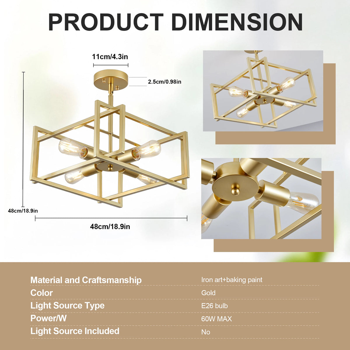 ARLGSITE 18.9‑Inch 4‑Light Sand Gold Ceiling Light, Industrial Geometric Square Ceiling Lamp for Bedroom, Hallway