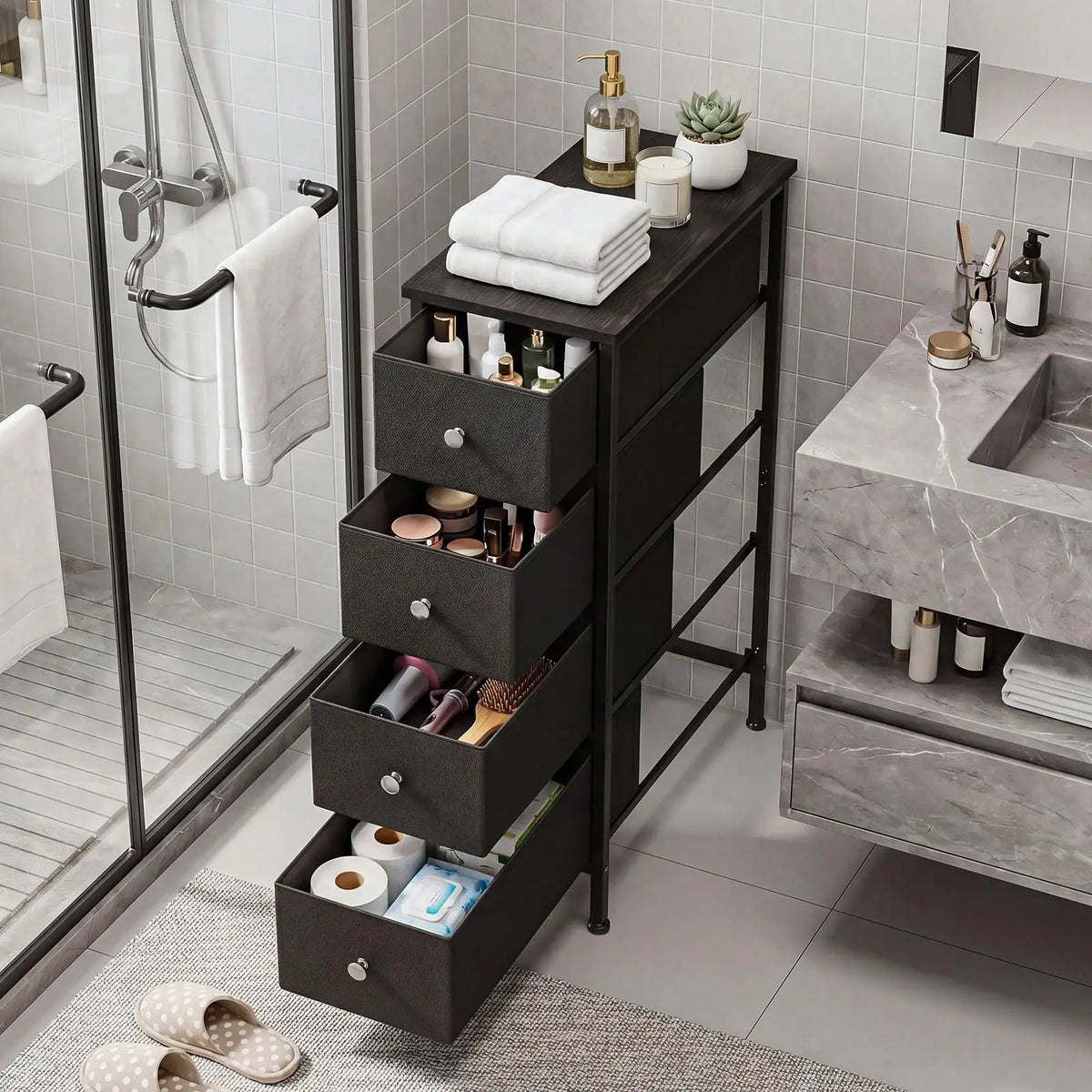 4-Drawer Narrow Bathroom Storage Organizer, Slim Fabric Dresser Cabinet with White/Black, Space-Saving Vanity Unit for Small Bathroom Laundry Room