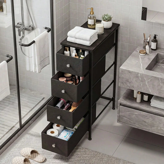 4-Drawer Narrow Bathroom Storage Organizer, Slim Fabric Dresser Cabinet with White/Black, Space-Saving Vanity Unit for Small Bathroom Laundry Room