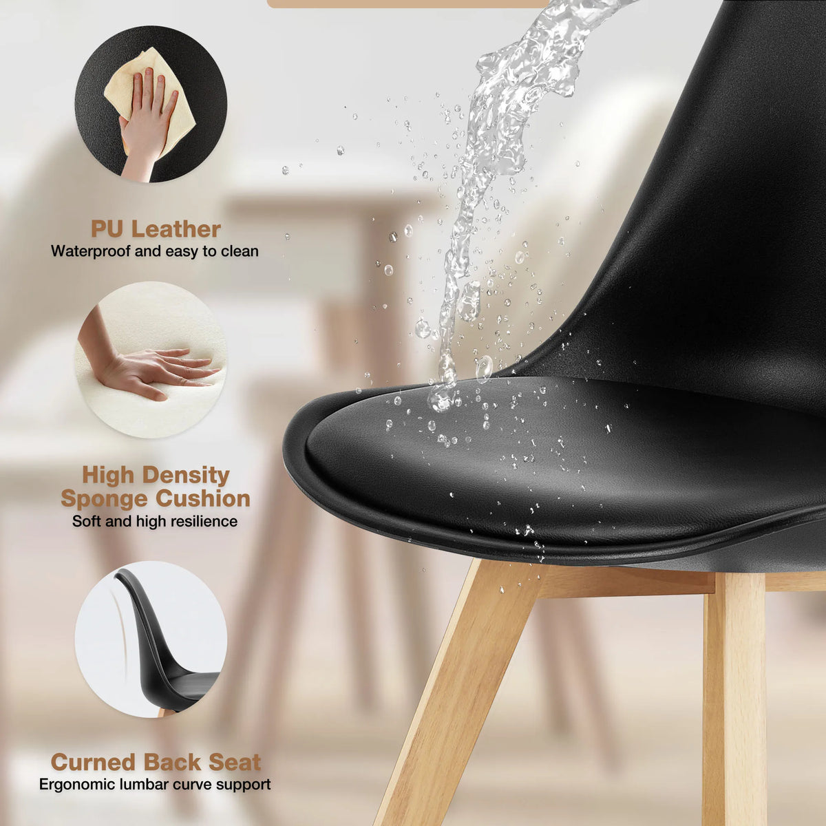 JHK PU Leather Dining Chairs Set of 4 Wooden Legs Lounge Chair for Home Kitchen Comfortable Sponge Cushion Living Room Chair